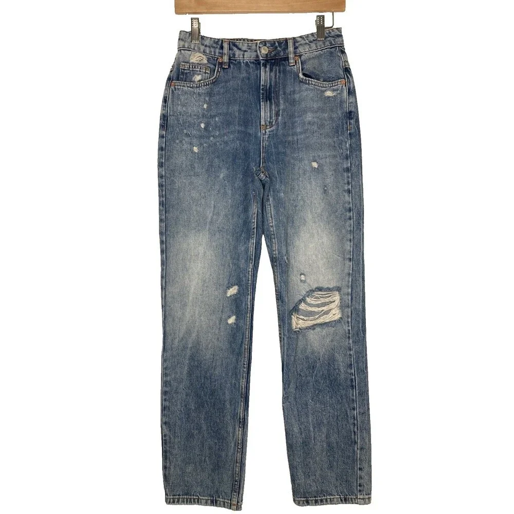 We the Free Jeans Women Size 24 Straight Leg Distressed‎ High Waist Regular Wash